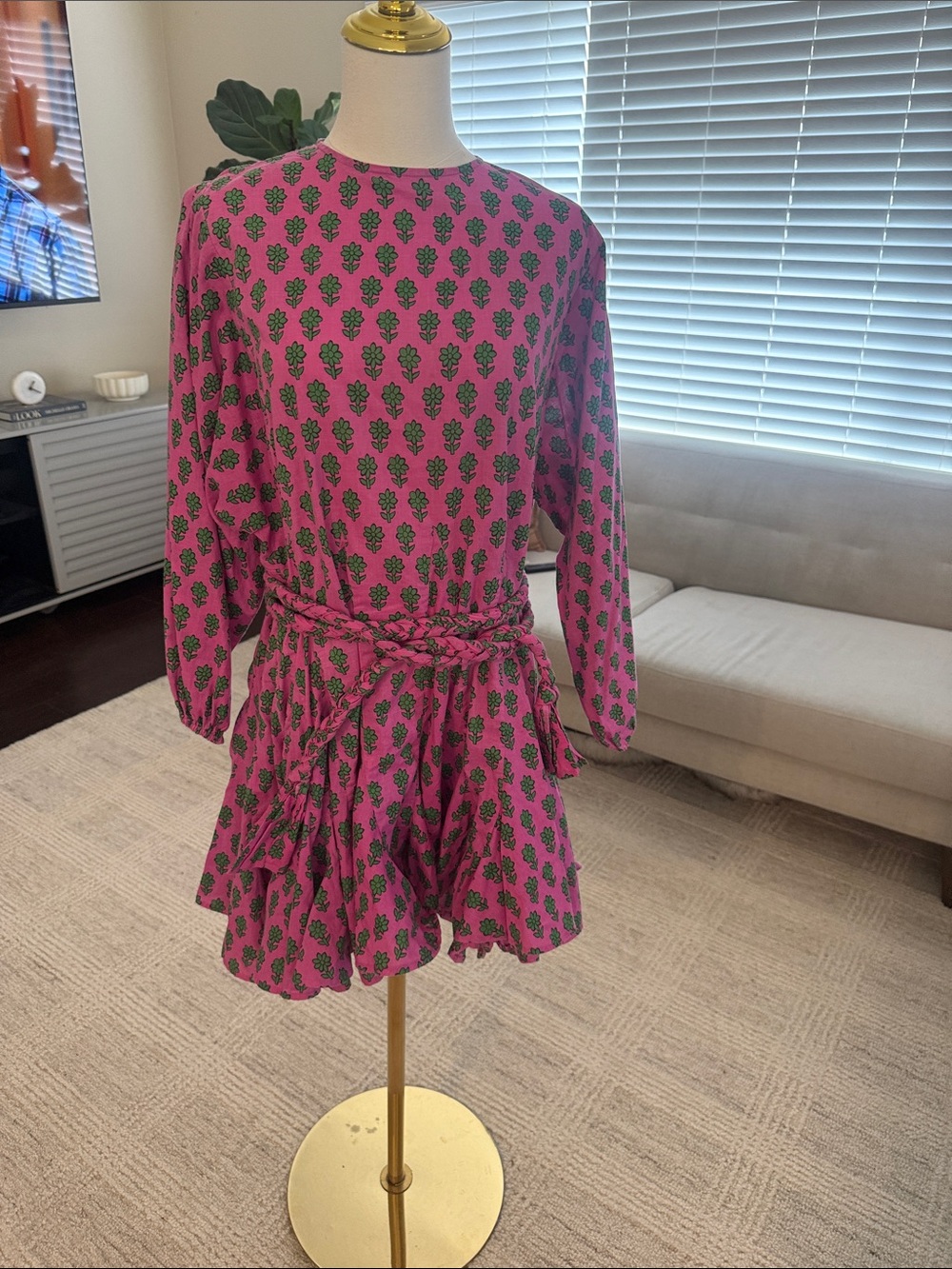 RHODE Pink Mini Dress with Green Motif and Braided Waist